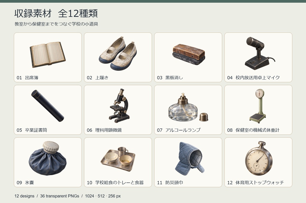 日本の廃校の小道具 12種|背景透過PNG
