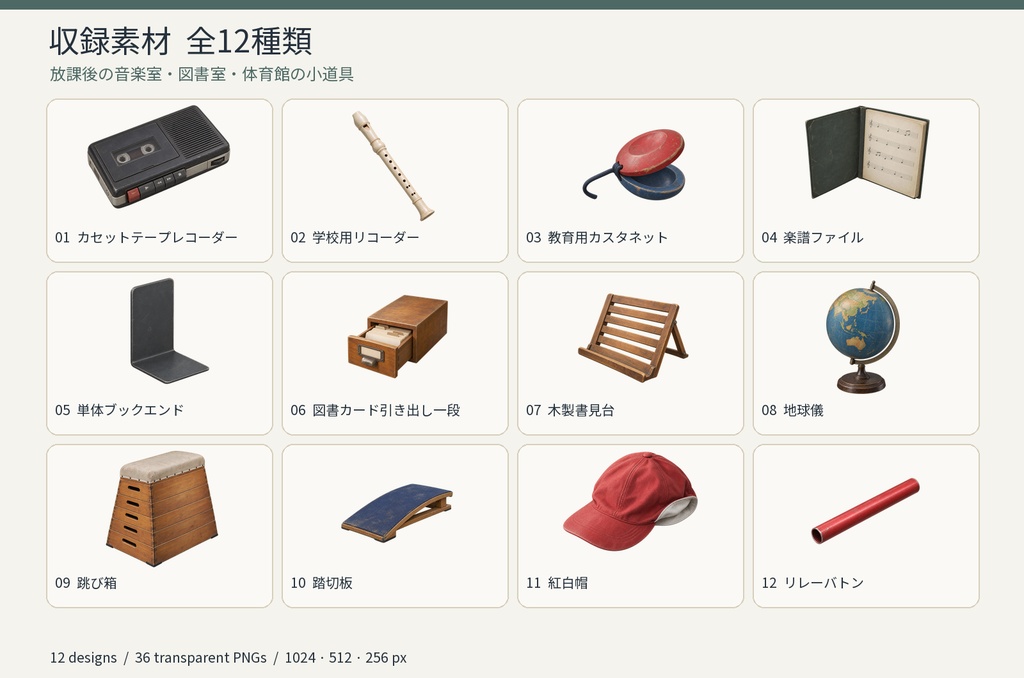 日本の廃校 Vol.2|放課後の音楽室・図書室・体育館 12種|背景透過PNG