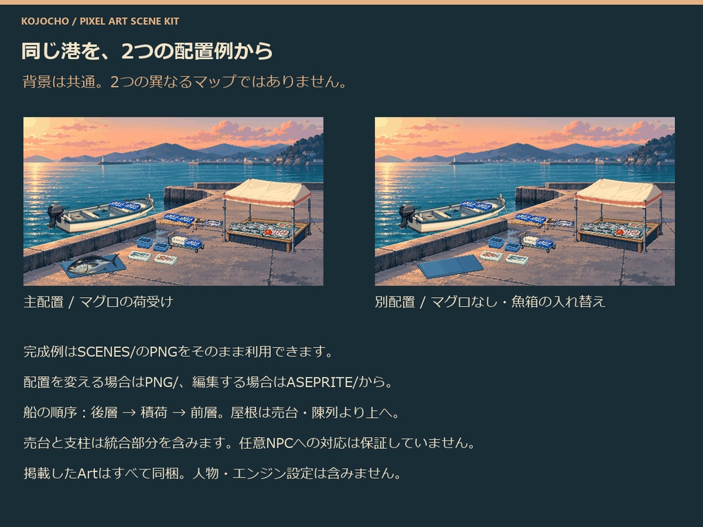 日本の漁港と朝の魚市場 ピクセルアートScene Kit