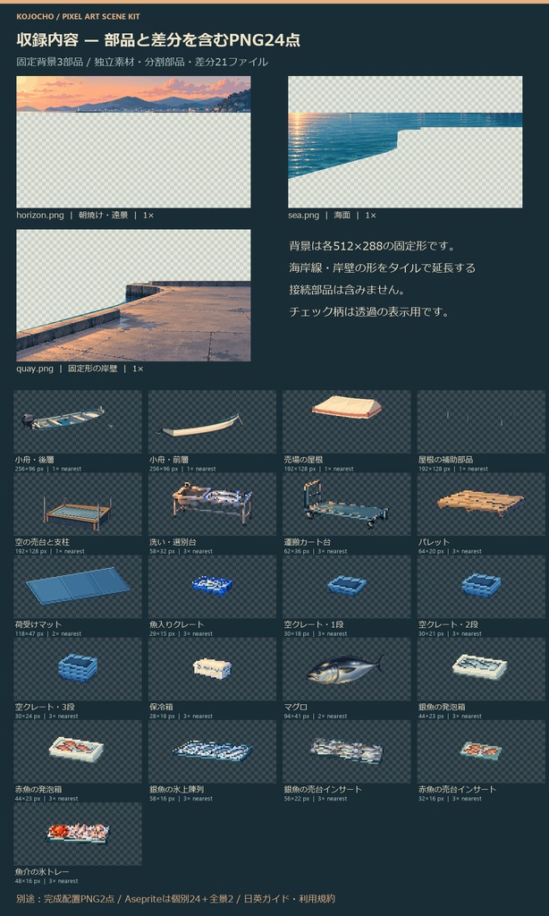 日本の漁港と朝の魚市場 ピクセルアートScene Kit