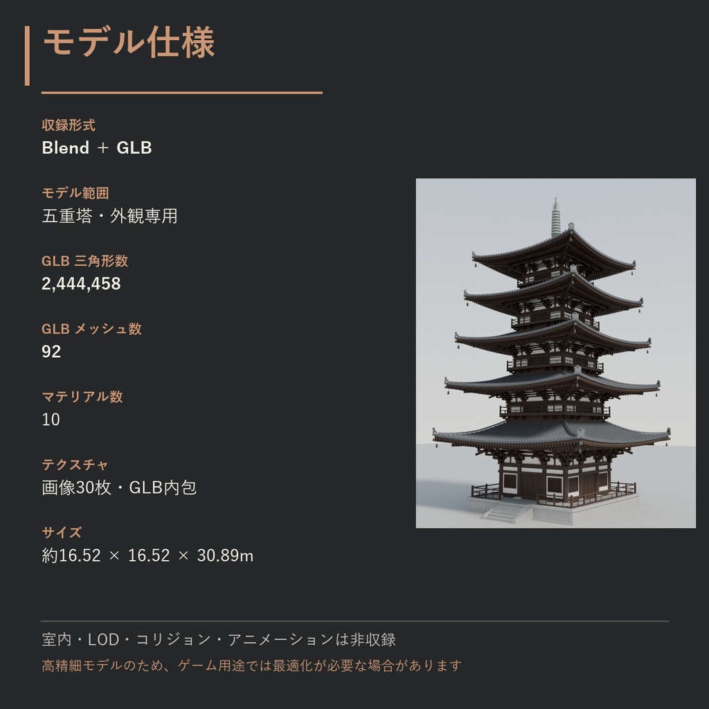 和風 五重塔 3Dモデル|日本建築・外観素材(Blend / GLB)