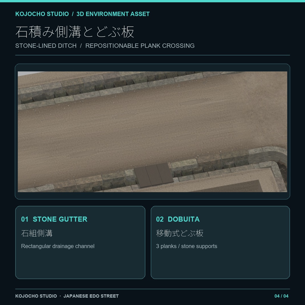 江戸風 土道・石積み側溝 モジュール道路 3Dセット|7 GLB