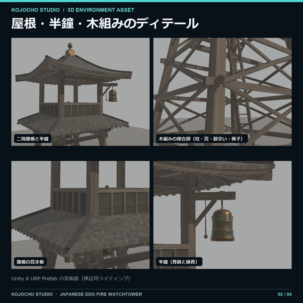 江戸風 木造火の見櫓 3Dモデル|GLB+Unity 6 URP Prefab