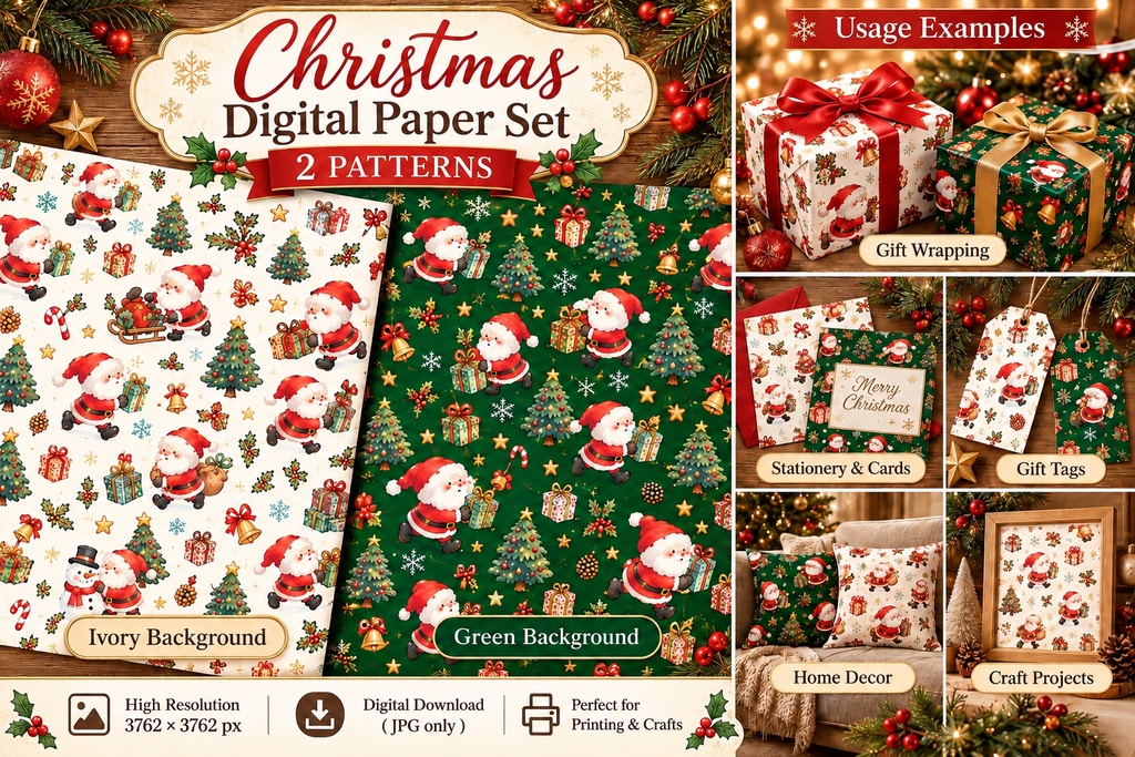 【クリスマス素材2枚セット】サンタクロースのデジタルペーパー｜アイボリー＆深緑｜ラッピング・ハンドメイド用