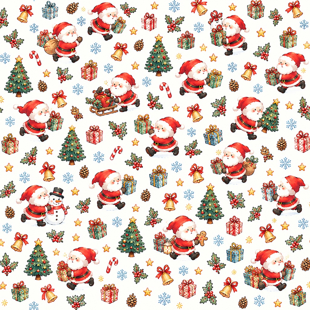 【クリスマス素材2枚セット】サンタクロースのデジタルペーパー|アイボリー&深緑|ラッピング・ハンドメイド用