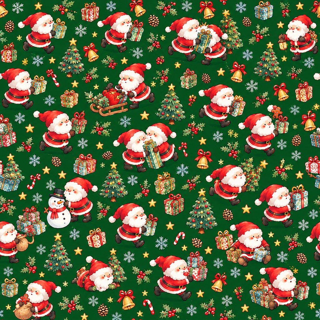【クリスマス素材2枚セット】サンタクロースのデジタルペーパー|アイボリー&深緑|ラッピング・ハンドメイド用