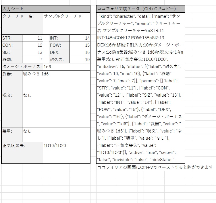 クトゥルフ神話TRPG第6版 クリーチャー ココフォリア駒作成Excelシート