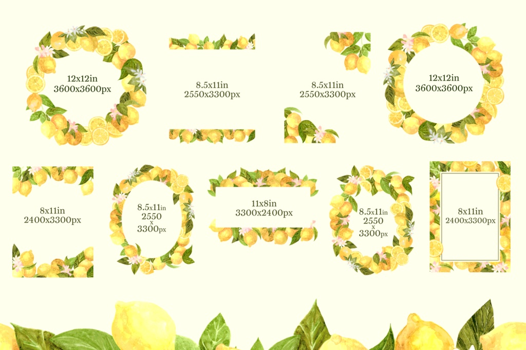 Watercolor Lemon Botanical Frames, 300dpi PNG