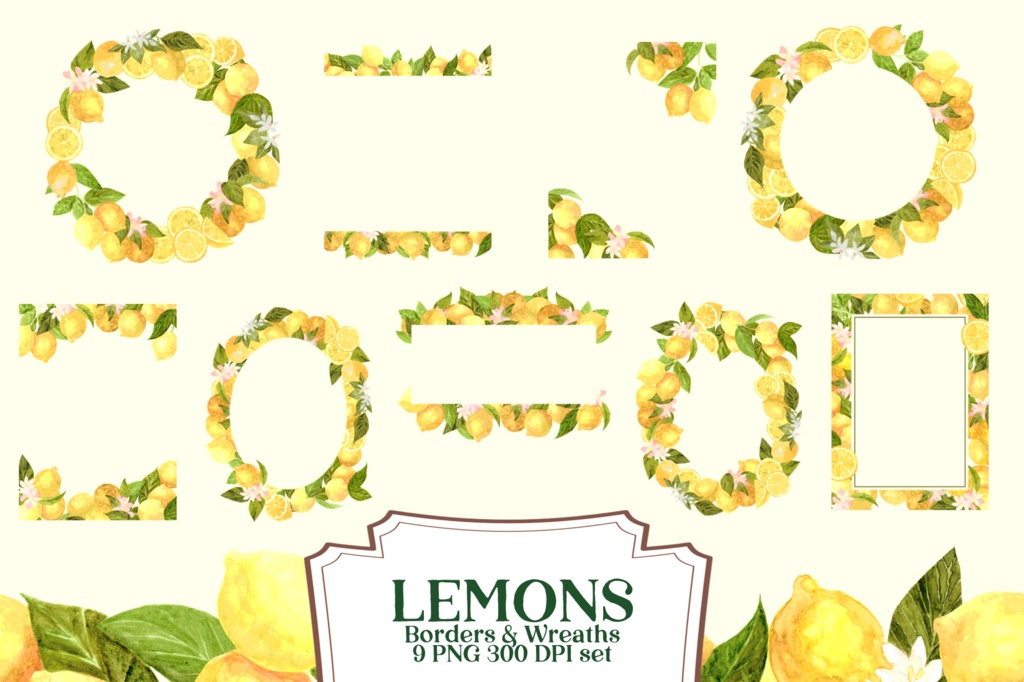 Watercolor Lemon Botanical Frames, 300dpi PNG