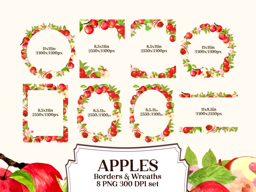 Watercolor Apple Border Pack- 300DPI PNG