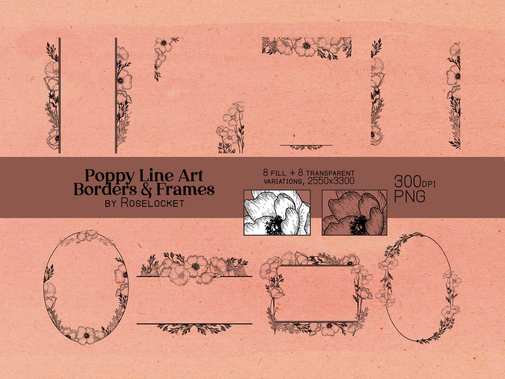 Botanical Line Poppy Borders- Transparent PNG Set