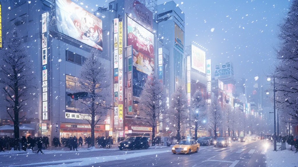 雪、街、冬の都会の背景素材１～１６