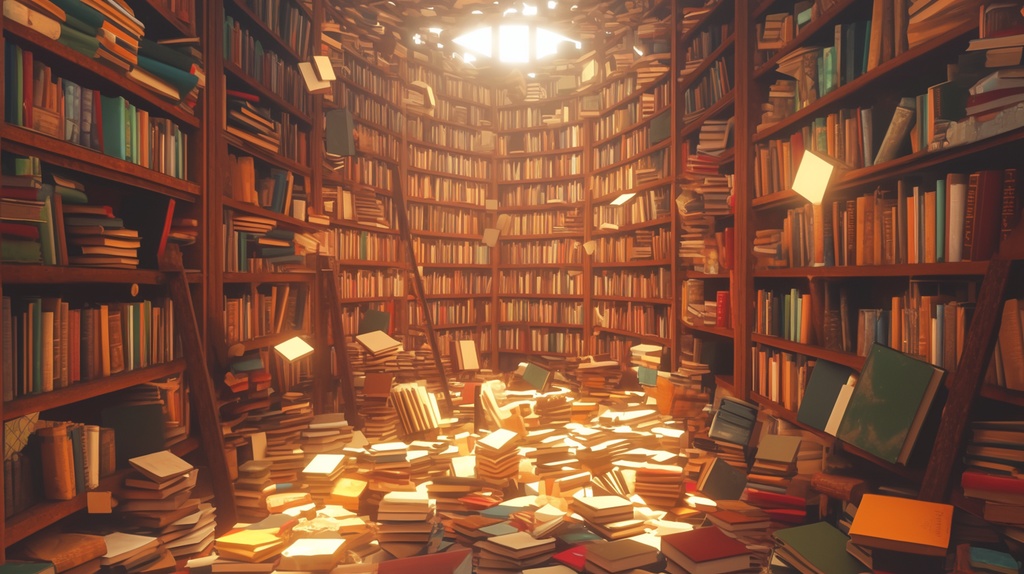 本が散乱した図書館の背景素材。９枚セット