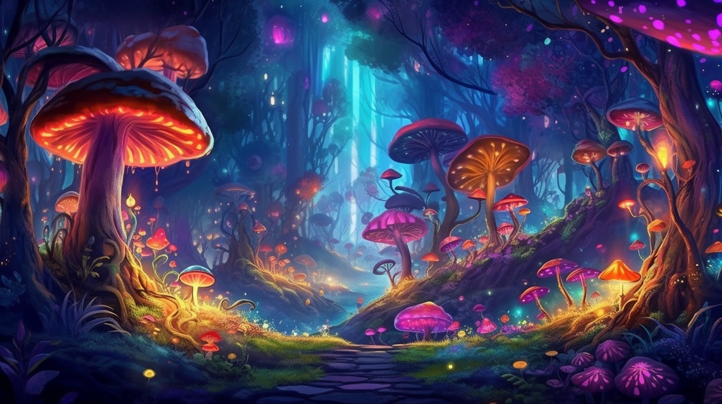 ファンタジー、魔法キノコ森の背景素材。８枚セット