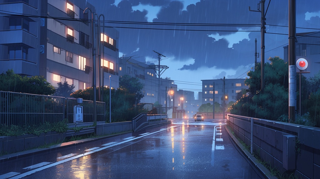 雨の住宅街、マンション、アパートな背景画像１～８