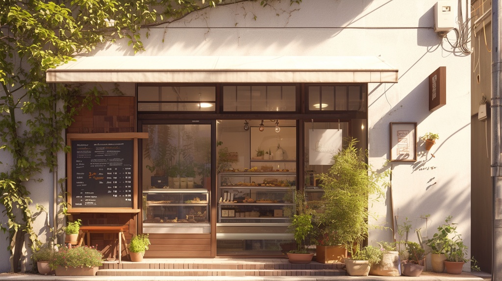店舗の外観。商店、スーパー、パン屋、雑貨屋、ガソリンスタンドなどの背景素材1~12