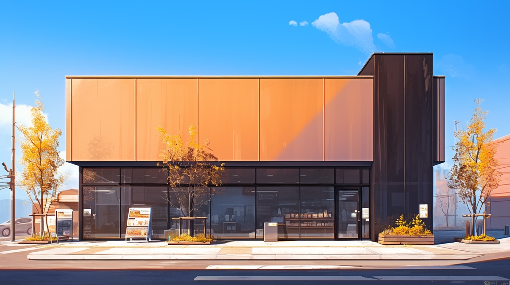 店舗の外観。商店、スーパー、パン屋、雑貨屋、ガソリンスタンドなどの背景素材1~12