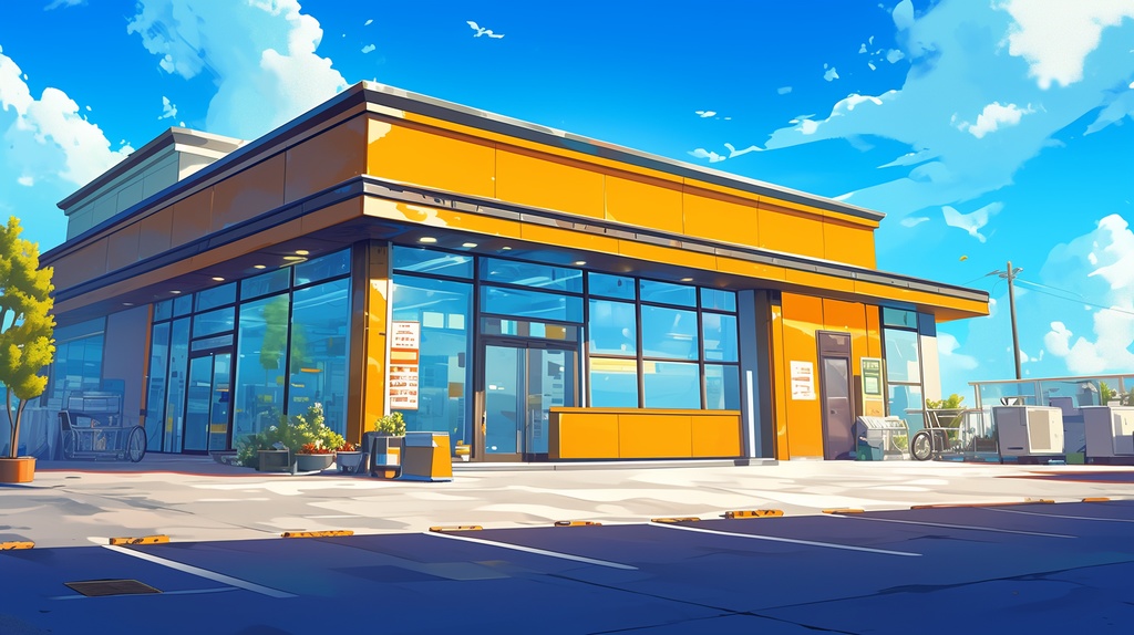 店舗の外観。商店、スーパー、パン屋、雑貨屋、ガソリンスタンドなどの背景素材1~12