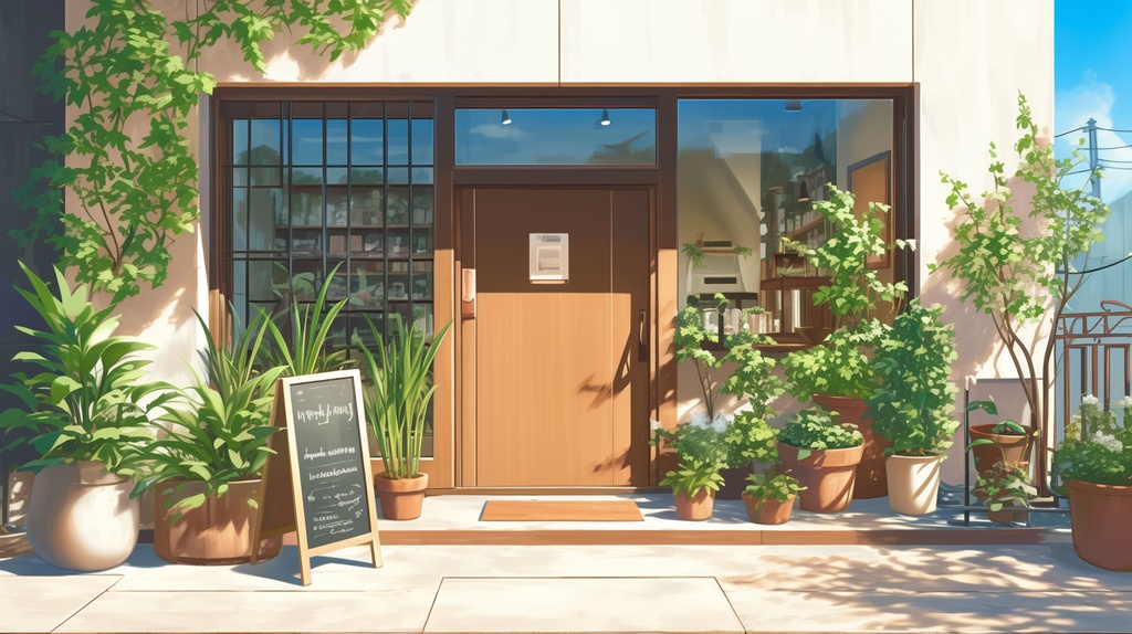 店舗の外観。商店、スーパー、パン屋、雑貨屋、ガソリンスタンドなどの背景素材1~12