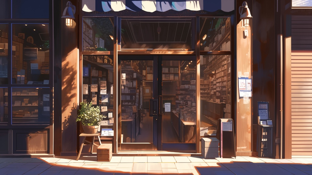 店舗の外観。商店、スーパー、パン屋、雑貨屋、ガソリンスタンドなどの背景素材1~12