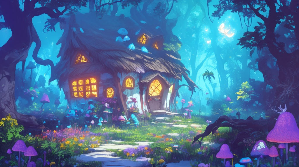 幻想的、ファンタジーな魔法の森と小屋の背景素材②。13枚セット