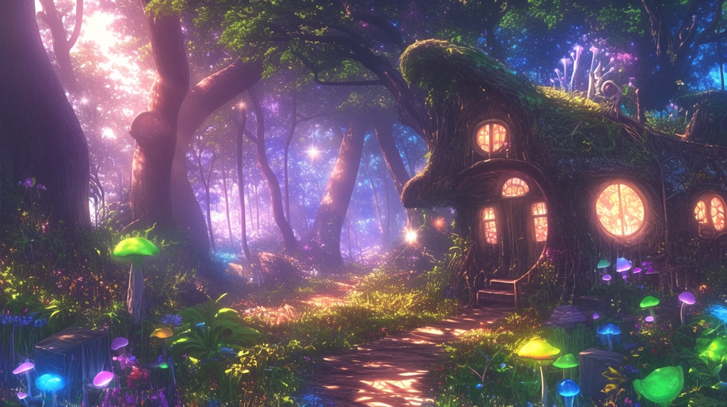 幻想的、ファンタジーな魔法の森と小屋の背景素材②。13枚セット