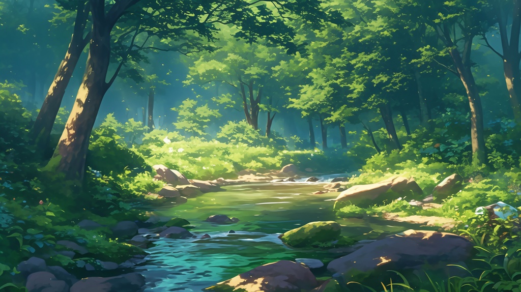 森の小さな川の背景画像。１4枚セット