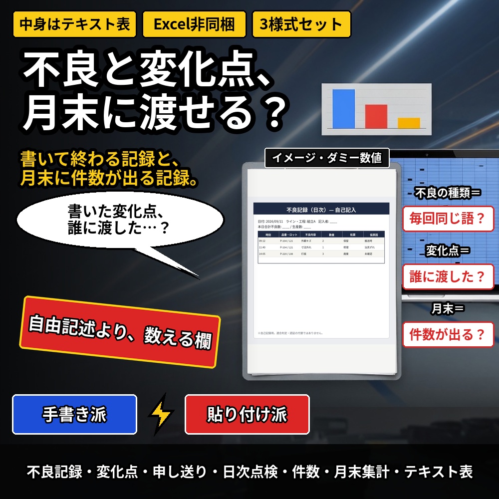 不良記録テンプレート|無料版あり|不良品記録・変化点管理・品質管理(小規模工場の自己記入/マクロなし)