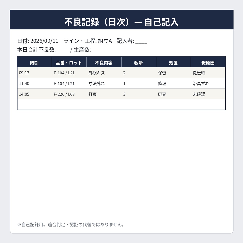 不良記録Excel・変化点管理——小規模工場の集計できる欄だけの自己記入テンプレ(マクロなし)