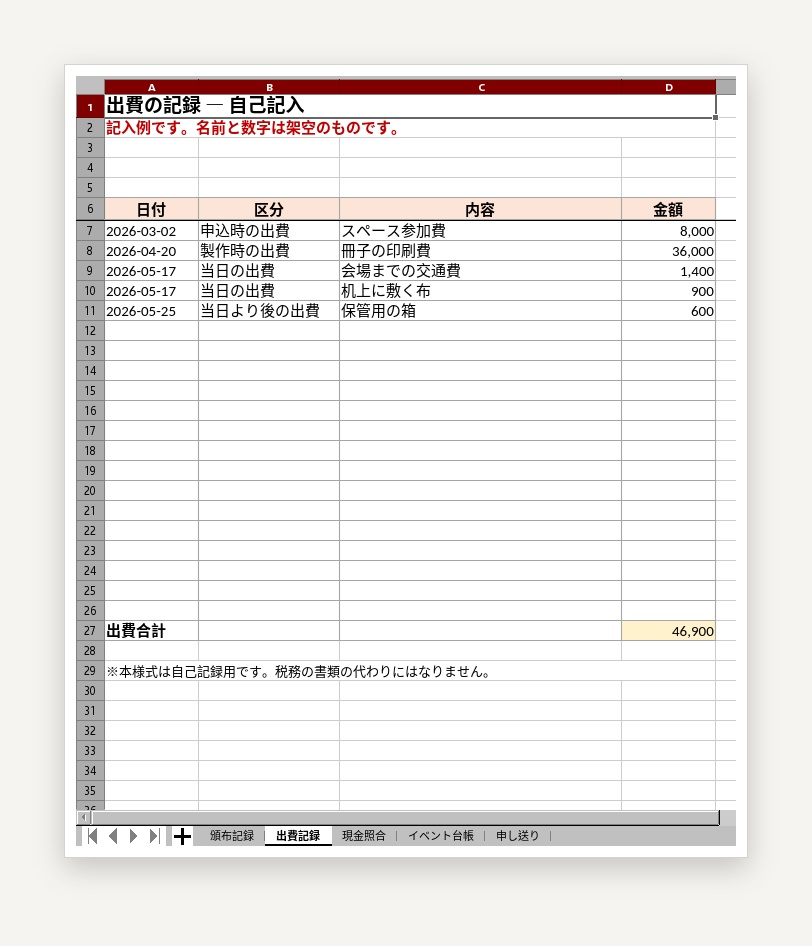 同人イベント1回分の売上と収支を記録する表 有料版|Excel形式(.xlsx)