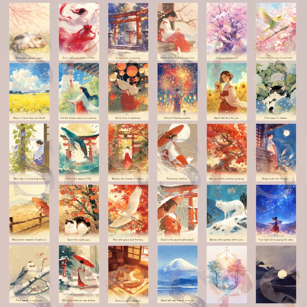 浮世絵&水彩スタイル・オラクルカード|28種+裏面2種(印刷用PDF&PNG)