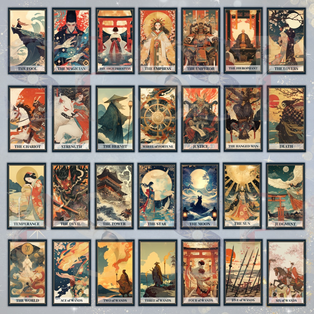 浮世絵スタイル タロットカード|78種+裏面2種(印刷用PDF&PNG)