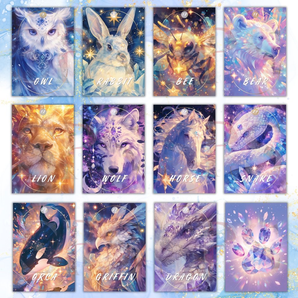 月夜の精霊たちオラクルカード|40種+裏面2種(印刷用PDF&PNG)