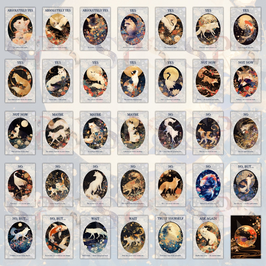 YES/NO オラクルカード – Japanese Mystic Animals |34種+裏面1種(印刷用PDF&PNG)