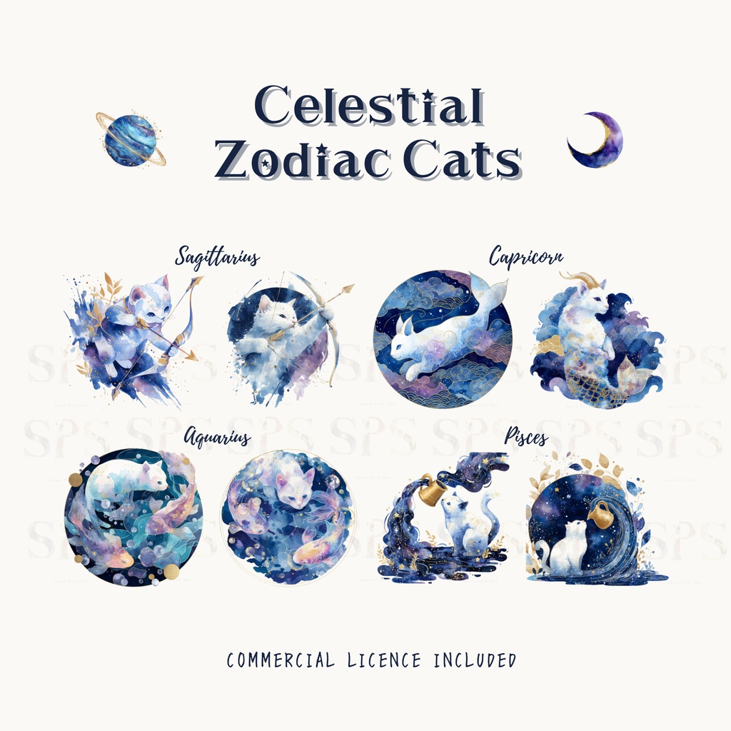 天体星座猫クリップアート素材集|Celestial Zodiac Cats(商用利用OK)