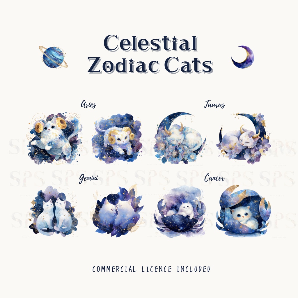 天体星座猫クリップアート素材集|Celestial Zodiac Cats(商用利用OK)