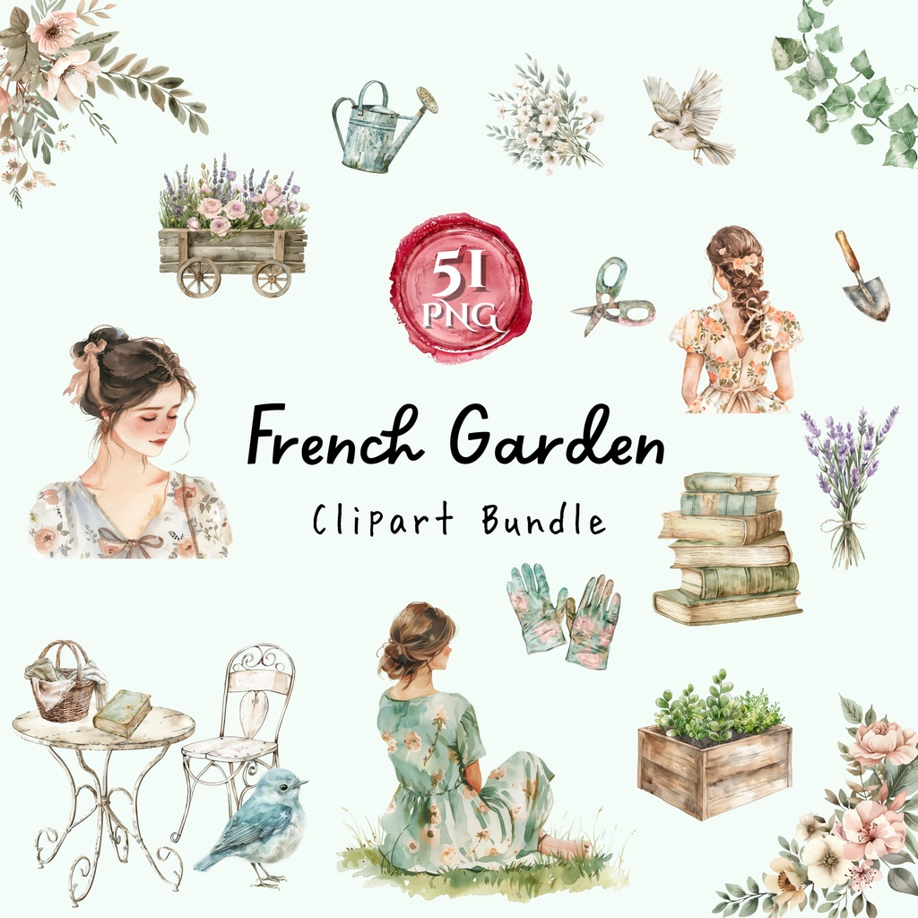 フレンチガーデン水彩クリップアート素材集|French Garden Clipart Bundle(商用利用OK)