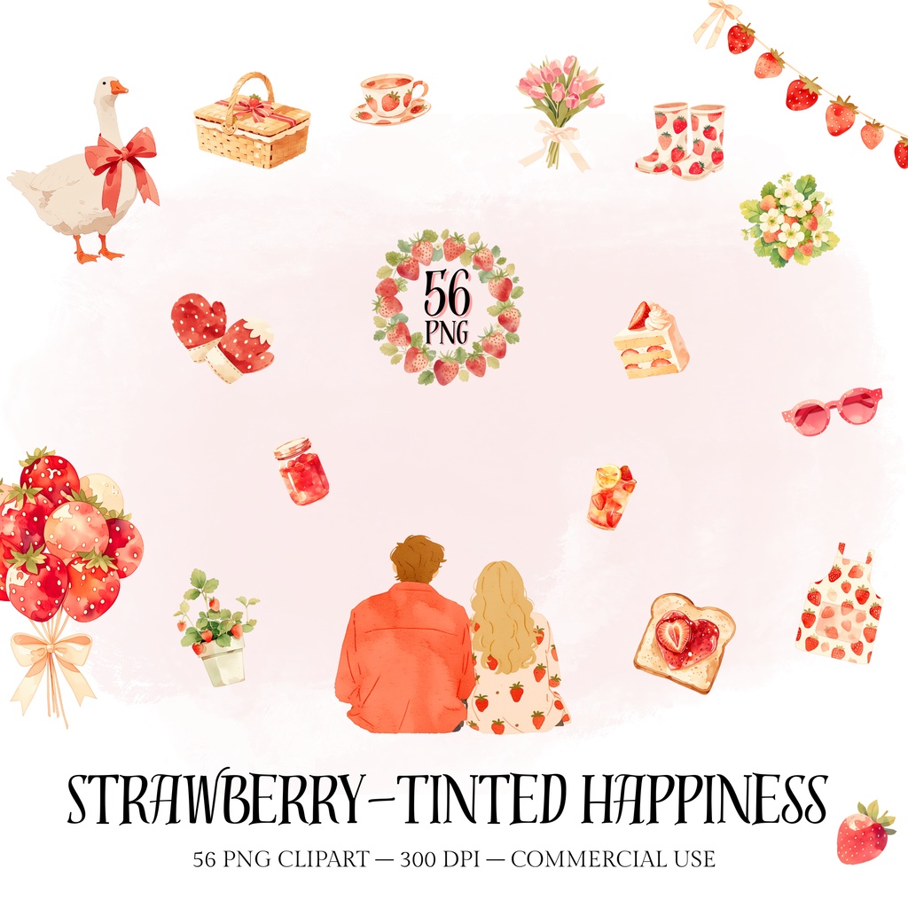 いちご水彩クリップアート素材集|Strawberry Watercolor Clipart Bundle(商用利用OK)