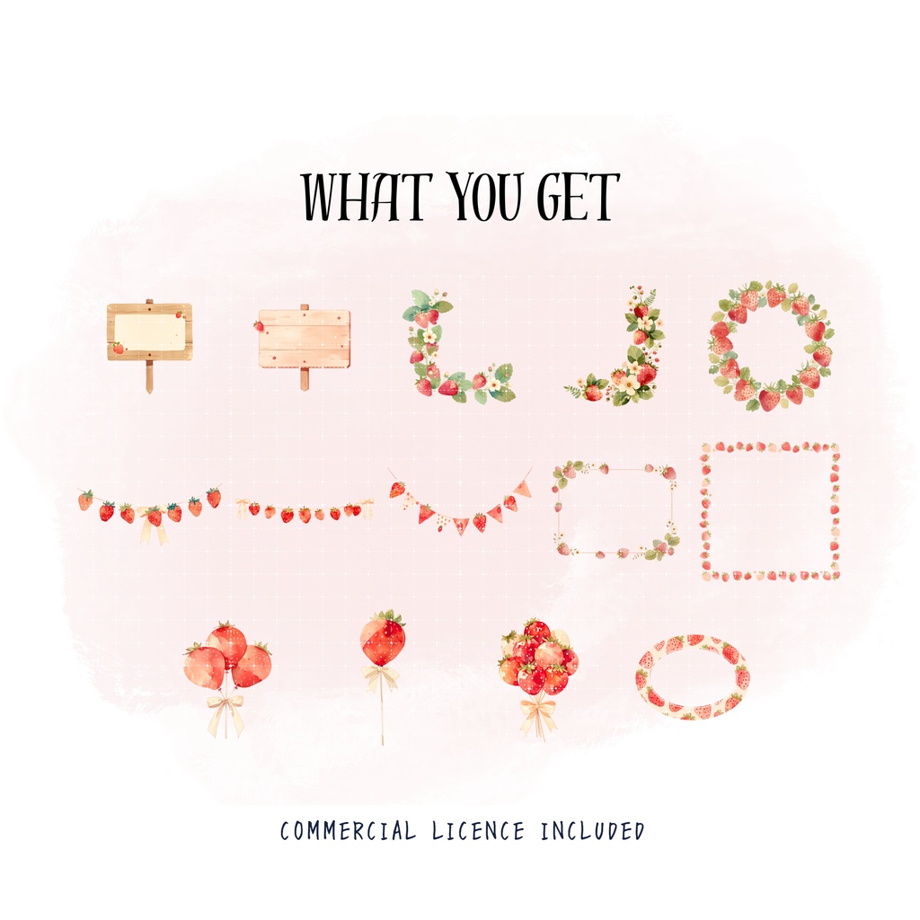 いちご水彩クリップアート素材集|Strawberry Watercolor Clipart Bundle(商用利用OK)