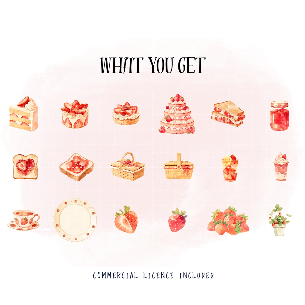 いちご水彩クリップアート素材集|Strawberry Watercolor Clipart Bundle(商用利用OK)