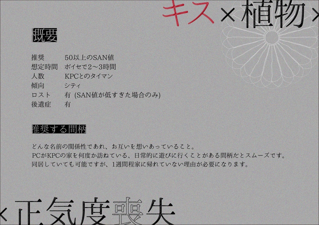 【CoCタイマン】喰花乱墜-くうげらんつい-【キス/正気度喪失】SPLL:E108561