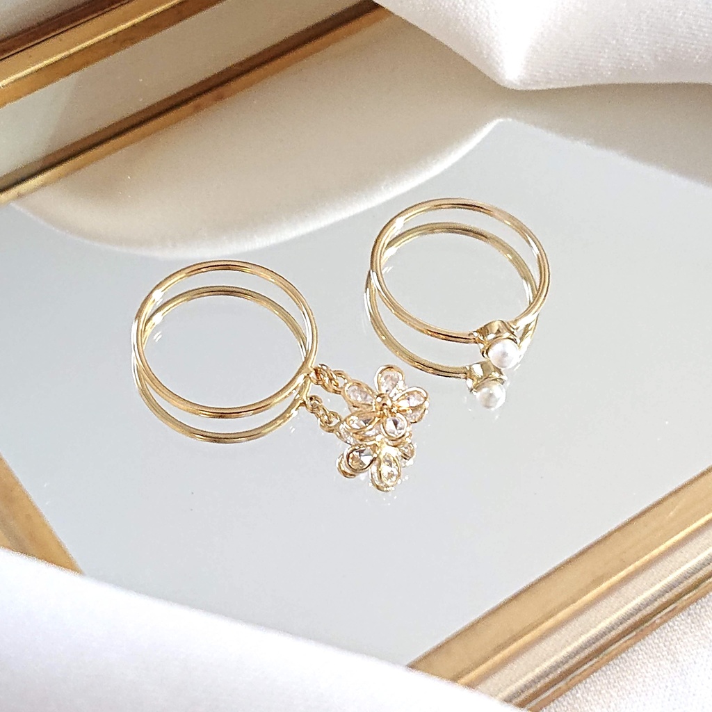 フラワーストーンリング&パールリング