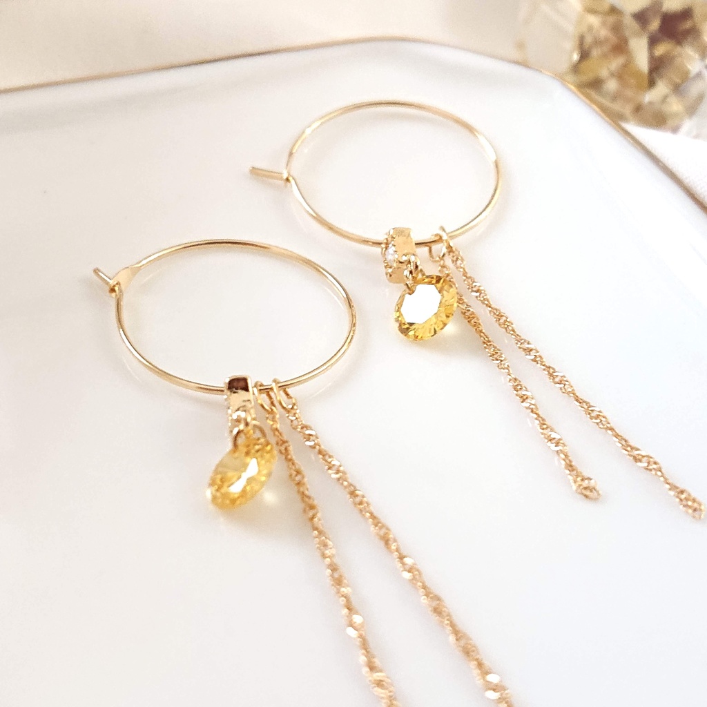 寮カラーストーンチェーンフープイヤリング/ピアス