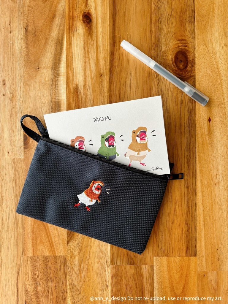 恐竜文鳥刺繍ポーチ