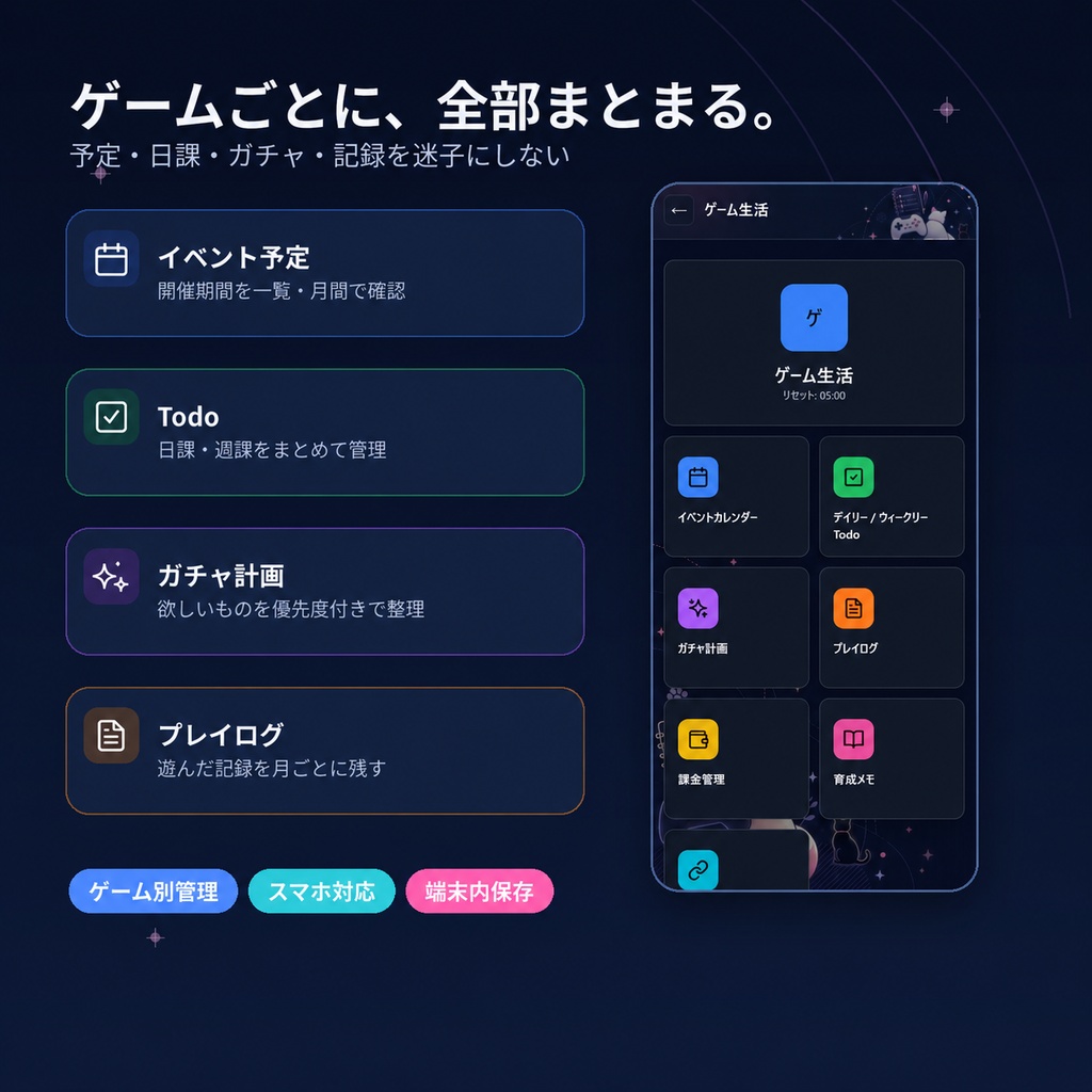 【無料版あり】ゲーム生活ログ|予定・Todo・ガチャ・課金をまとめて管理