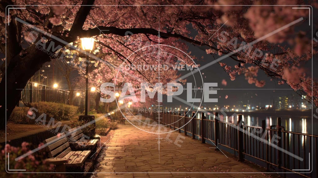 夜桜の余韻｜川沿いの情緒背景素材 10枚セット