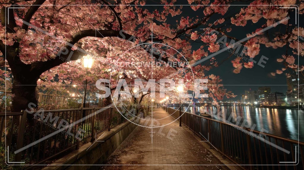 夜桜の余韻|川沿いの情緒背景素材 10枚セット