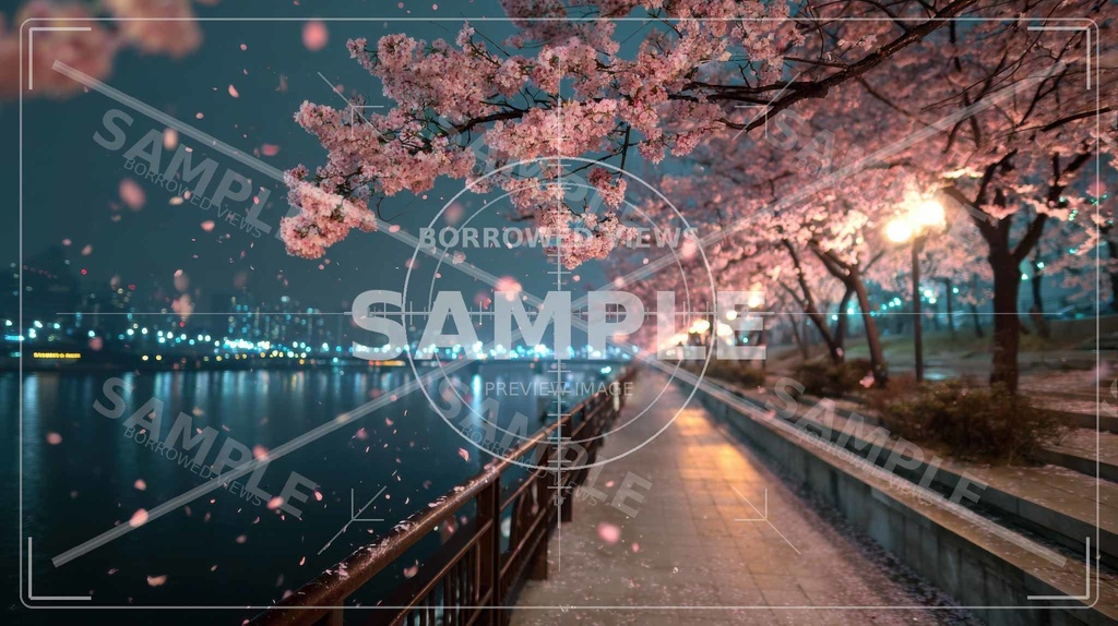 夜桜の余韻|川沿いの情緒背景素材 10枚セット