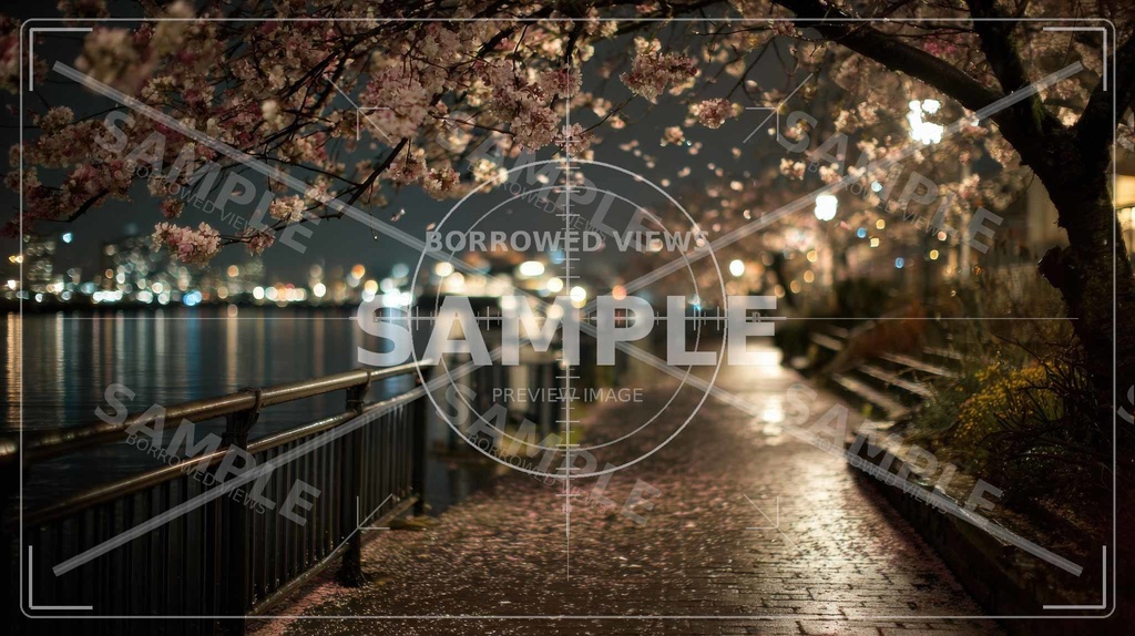 夜桜の余韻|川沿いの情緒背景素材 10枚セット