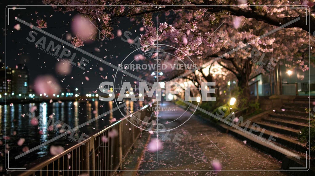 夜桜の余韻|川沿いの情緒背景素材 10枚セット